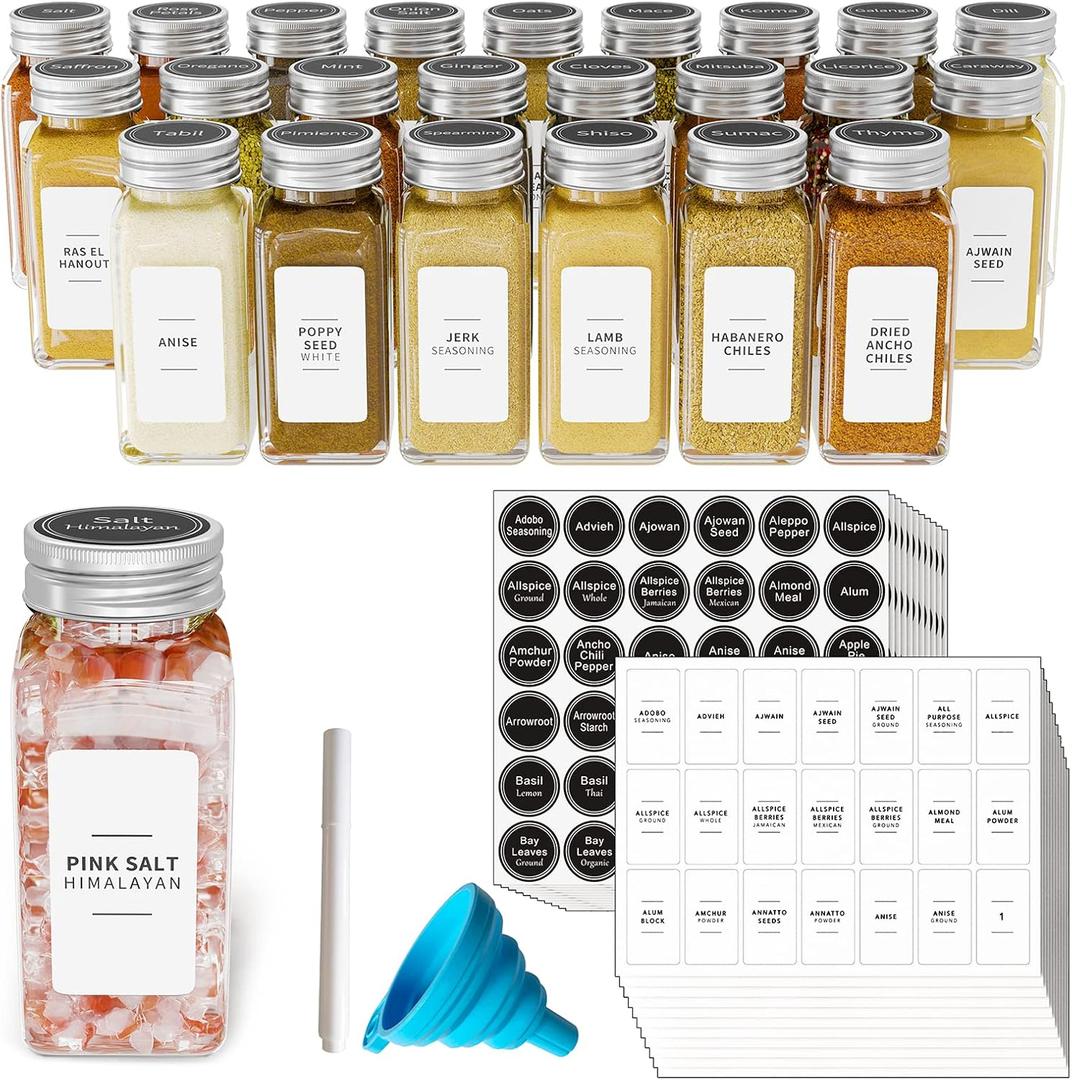 SpaceAid 24 Pcs Spice Jars with Labels, Empty 4oz Glass Spice Bottles, Minimalist Farmhouse Spice Labels Stickers with Funnel, Seasoning Containers for Spice Rack, Cabinet and Drawer