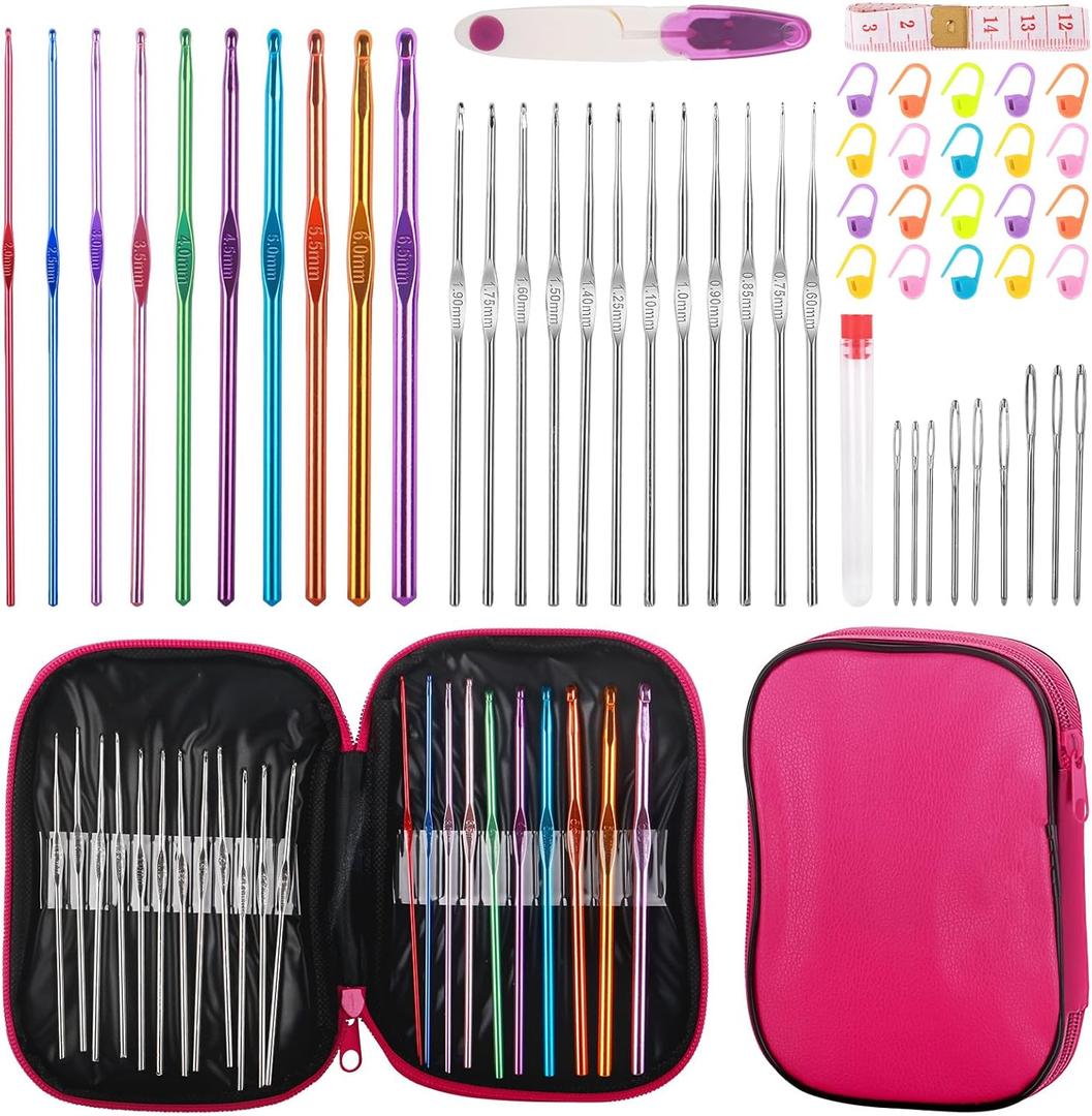 MECHEER Crochet Hooks Set, 54 Pack Crochet Needles Set Crochet Kits for Beginners, Ergonomic Crochet Hooks Kit with Storage Case, Knitting Needles, Hand Craft Knitting Accessories for Crocheters (Rose Red)