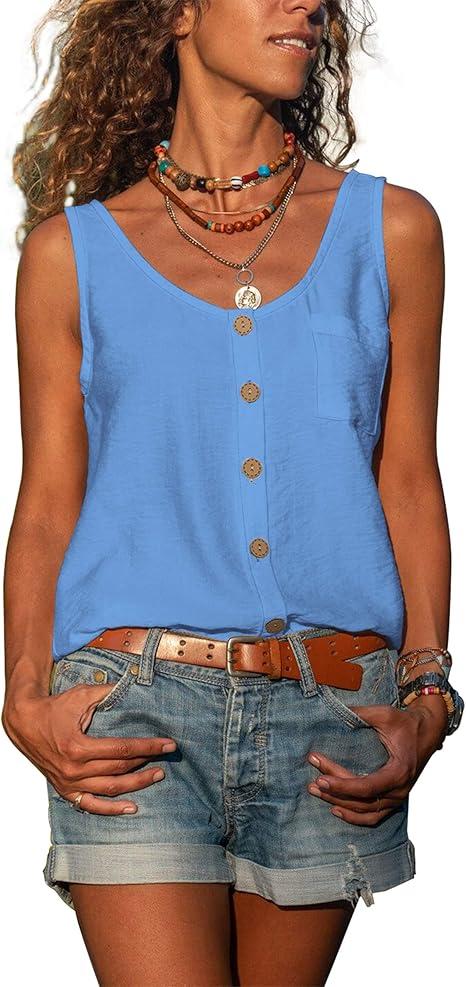 Women's Button Down Tank Tops Scoop Neck Sleeveless T Shirts Blouses Loose Fit with Pocket Size XS (Blue)
