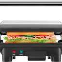 Chefman Electric Panini Press Grill, Compact 2-Slice Sandwich Maker, Non-Stick Coated Plates, Opens 180 Degrees, Dishwasher Safe, Removable Drip Tray, Stainless Steel/Black