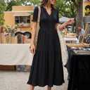 MEROKEETY Women's 2026 Summer Casual Midi Dress Short Sleeve V Neck A Line Flowy Tiered Vacation Beach Dresses (Black, XL)