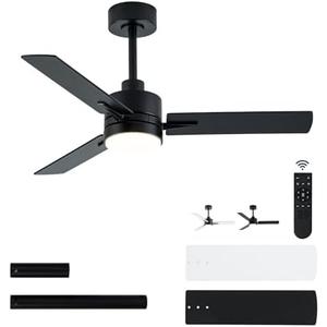 LANMEL 42'' Black Ceiling Fans with Lights and Remote, 6 Speed Low Profile Modern Ceiling Fan with Quiet DC Motor for Indoor Outdoor Bedroom Living Room