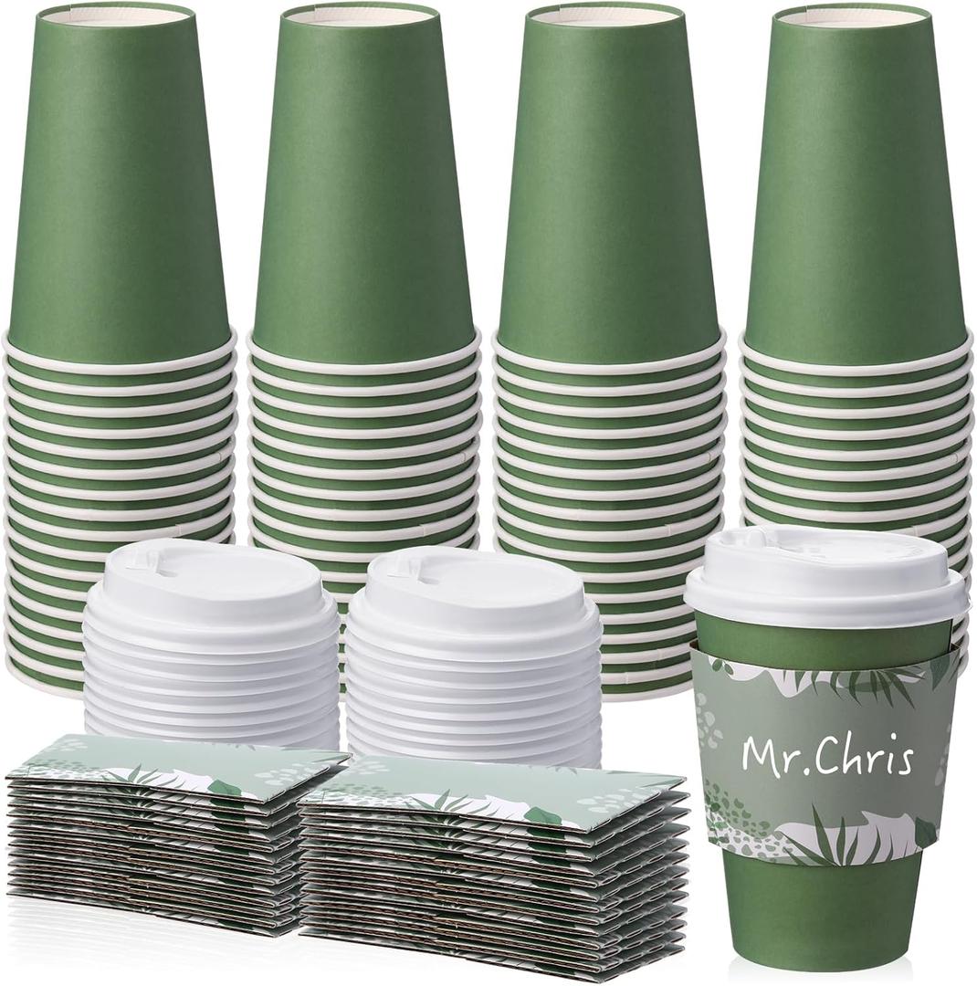 Zopeal 50 Pcs Disposable Coffee Cups Paper Coffee Cup with Lids and Sleeves Hot Cups with Lids Travel Cups with Lids for Beverages Wedding Travel Business Party Supplies (Dark Green,12 oz)