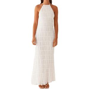Women Backless Dress Sleeveless Textured Halter Open Back Maxi Dresses Vacation Wedding Guest (Small, White)