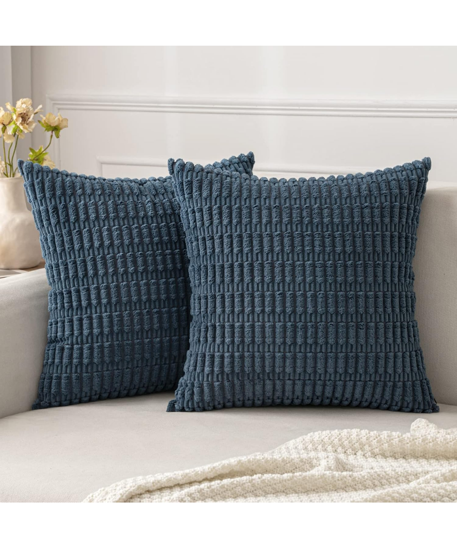 MIULEE Pack of 2 Corduroy Decorative Throw Pillow Covers 20x20 Inch Soft Boho Striped Pillow Covers Modern Farmhouse Home Decor for Sofa Living Room Couch Bed Coastal Blue