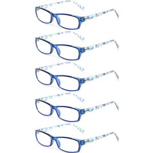 Kerecsen Reading Glasses 5 Pairs Fashion Ladies Readers Spring Hinge with Pattern Print Eyeglasses for Women (5 Pack Blue, 4.00)