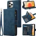 RANYOK Wallet Case Compatible with iPhone 13 Pro (6.1 inch), Premium PU Leather Zipper Flip Folio Wallet RFID Blocking with Wrist Strap Magnetic Closure Built-in Kickstand Protective Case (Blue)