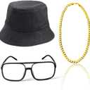 Beelittle 80s/90s Hip Hop Costume Kit Cool Rapper Outfits,Bucket Hat Sunglasses Gold Plated Chain