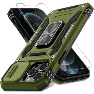 DEERLAMN Case for iPhone 13 Pro Max with Slide Camera Cover+Screen Protector(1 Pack),Rotated Ring Kickstand Military Grade Shockproof Protective Cover 6.7 Inch-Olive Green