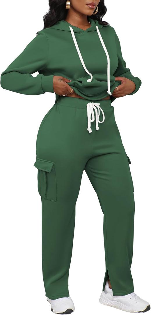 LovelyWholesale Womens Sweatsuits 2 Piece Set Hoodies and Cargo Sweatpants Sets (Small, Green)