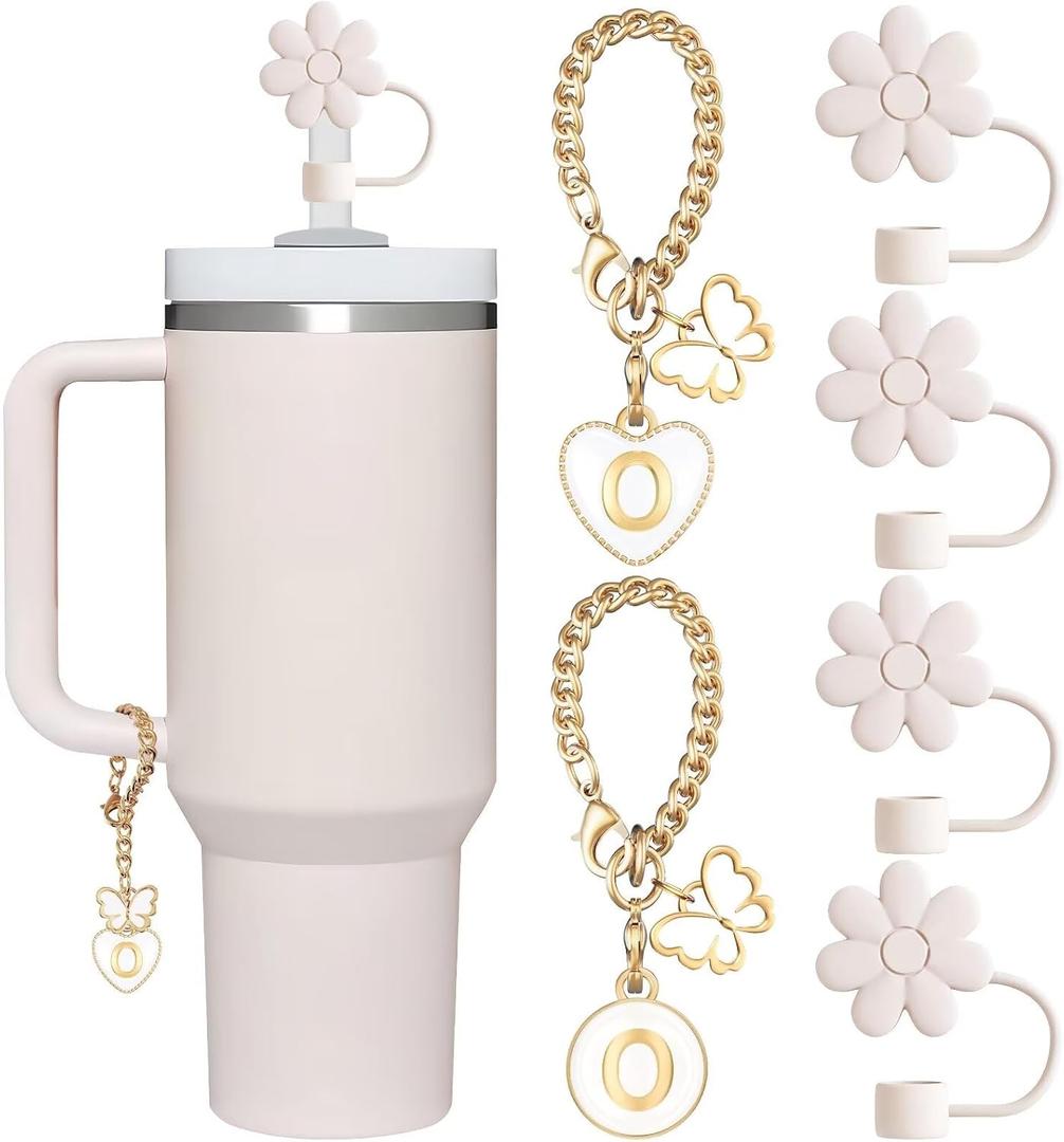 4 x Compatible with Stanley Cup Accessories, 2PCS Butterfly Letter Charms with 4PCS 10mm Stanley Straw Cover Cap for Stanley Cup 30&40 Oz, Silicone Stanley Straw Toppers for Stanley Tumbler(O)