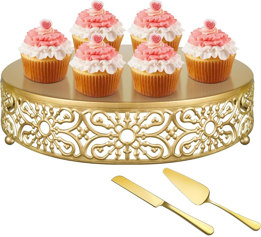 Gold Wedding Cake Stand 16 Inch, Metal Round Dessert Display Cupcake Stands for Celebration, Birthday, Party, Decor (with Cake Knife and Server Set)