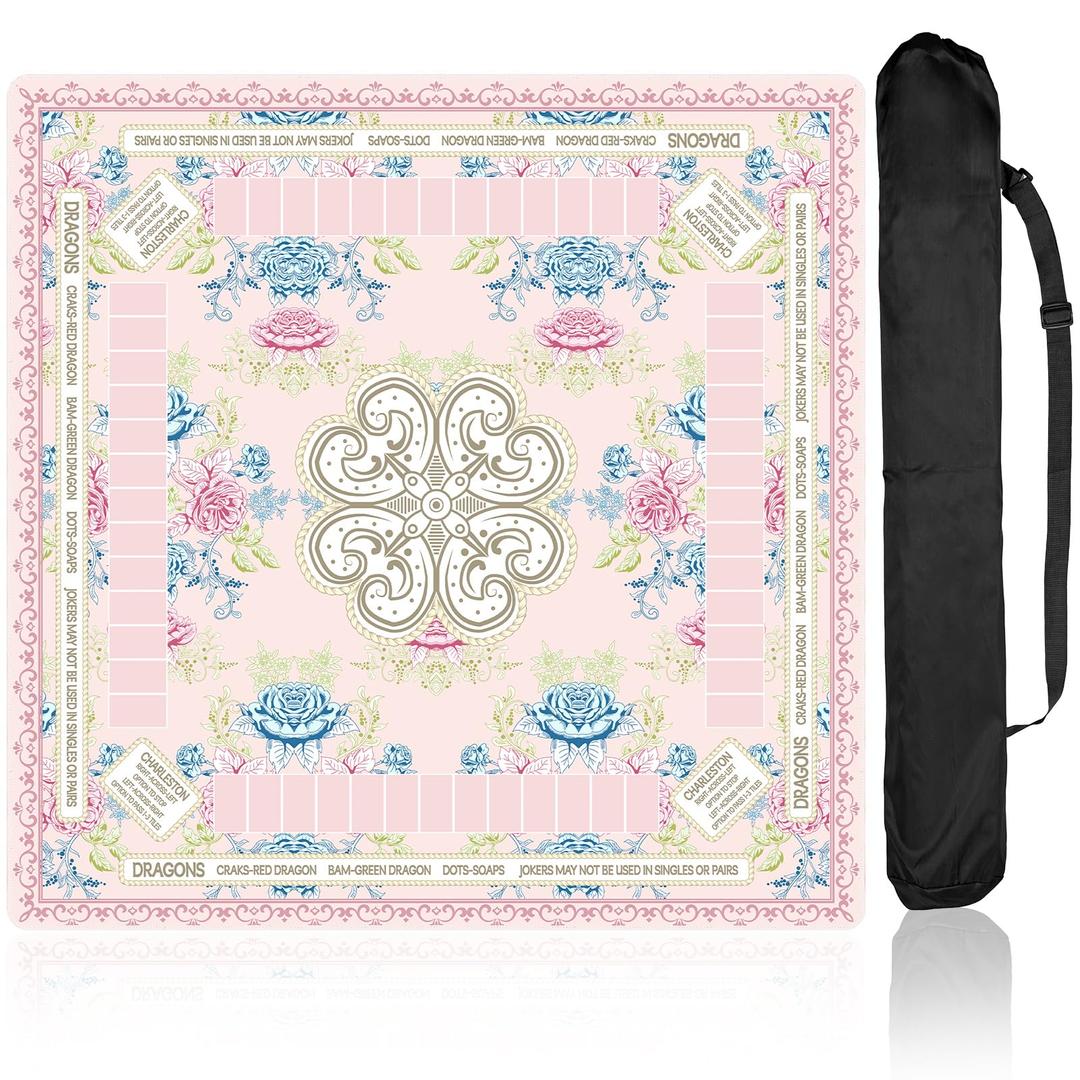 Mahjong Mat with 1 Carrying Bag 31.5" x 31.5" Noise Reduction Non-Slip American Mahjong Mat Multi Purpose Game Table Cover for Poker/Card/Dominoes/Board & Tile Games (Pink)