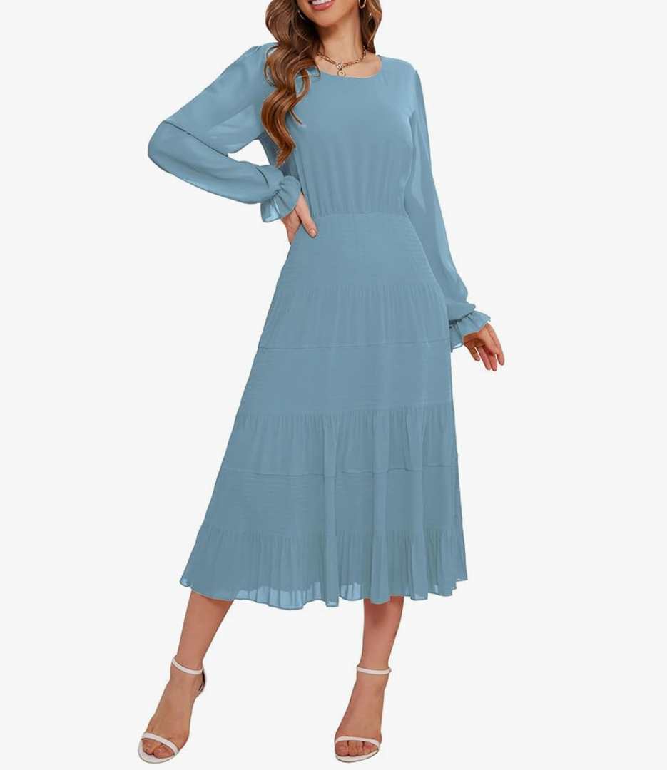 CYiNu Women's Midi Dresses Long Sleeve Crew Neck Flowy Casual Floral Boho Tiered Chiffon Smocked Elegant Dress Size M
