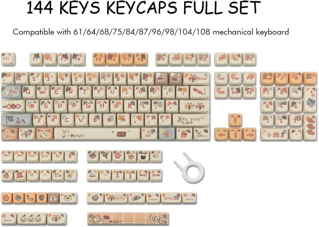 PBT Keycaps 144 Keys Cute Keycaps Dye-Sublimation Sushi Cat Keycap Mao Profile Custom Keycap for Cherry Gateron MX Swithes Mechanical Keyboards