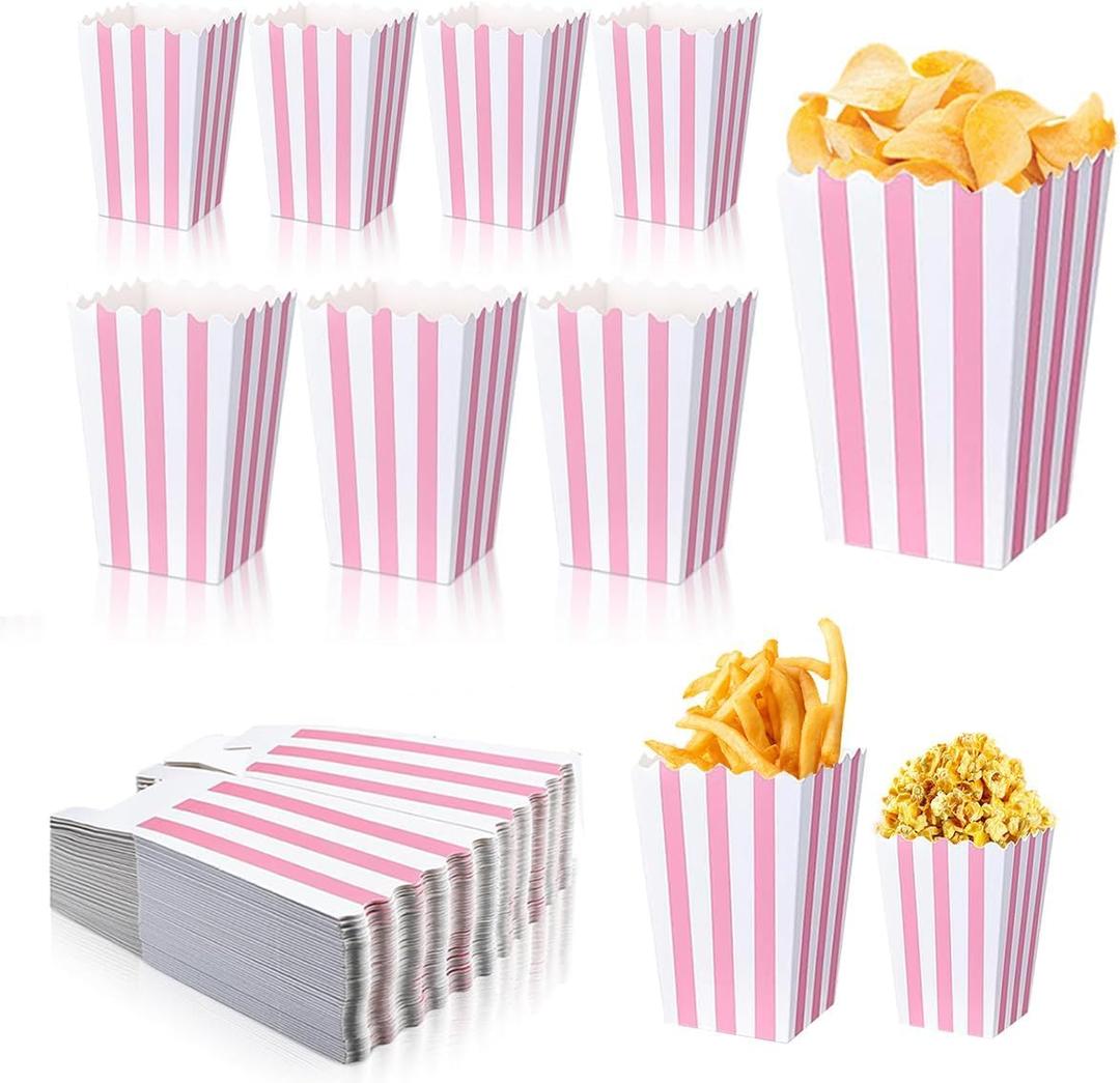 40 Pcs Paper Pink Popcorn Boxes, Pink Popcorn Bags with White Striped, Popcorn Boxes for Party, Popcorn Holders for Party Birthday Favor Supplies.(40 boxes small)