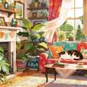 Cat Cozy Puzzles 1000 Piece Jigsaw Puzzle for Adults, Puppy Kitten Plants Jigsaw Puzzles with Letters on Back, Impossible Challenging Hard Colorful Modern Art Puzzles Home Decor, 27.5 x 19.7 Inch