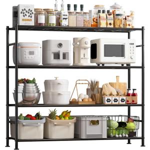 Storage Shelves - 4 Tier Shelf Organizer, Heavy Duty Garage Shelving Unit with Leveling Feet, Stable Metal Shelves Organizer for Pantry, Kitchen and Closet, 46.3" W x 12.6" D x 46.6" H, Black