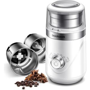 SHARDOR Electric Super Silent Blade Coffee Grinder, Timed Grind Control Rotary Knob, Adjustable Coarse to Fine for Coffee Beans, Spices & Herbs, with 2 Removable Stainless Steel Bowl, White