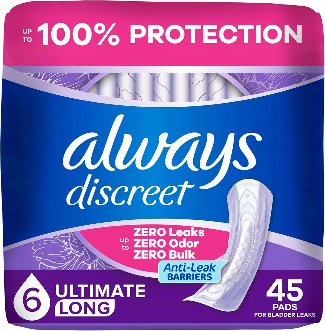Always Discreet Adult Incontinence Pads for Women, Drier, 6 Drop Long Length, Extra Heavy Absorbency, Pads for Bladder Control Management, Bladder Leaks, & Postpartum Pads, 45ct