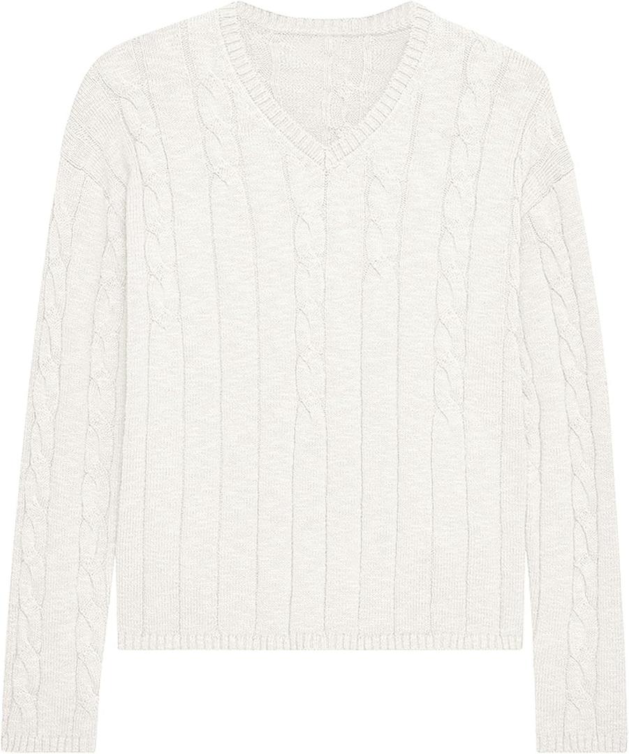 ZAFUL Women's V Neck Cable Knit Sweater 2025 Fall Pullover Long Sleeve Ribbed Loose Top Casual Outfits (Large, White)