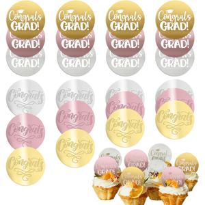 Graduation Cupcake Toppers Set, 24 Pieces, Round Gold, Rose & Silver 2024 Graduation Party Supplies Decoration