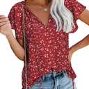 SimpleFun Women's Boho Tops Floral V Neck Short Sleeve Summer Blouse Shirts, Red, L