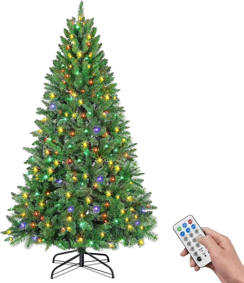 5ft Pre-Lit Artificial Christmas Tree, Premium Hinged Pine Christmas Tree with 200 Multicolor LED Lights, 550 Branch Tips, Metal Stand, 11 Lighting Modes for Home, Party Decoration (Mc03)