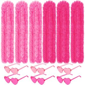 12PCS Feather Boas Party Pack with 6 Artificial Feather Boas 6.6ft and 6 Heart Sunglasses for Birthday Christmas Party (Pink+hot Pink)
