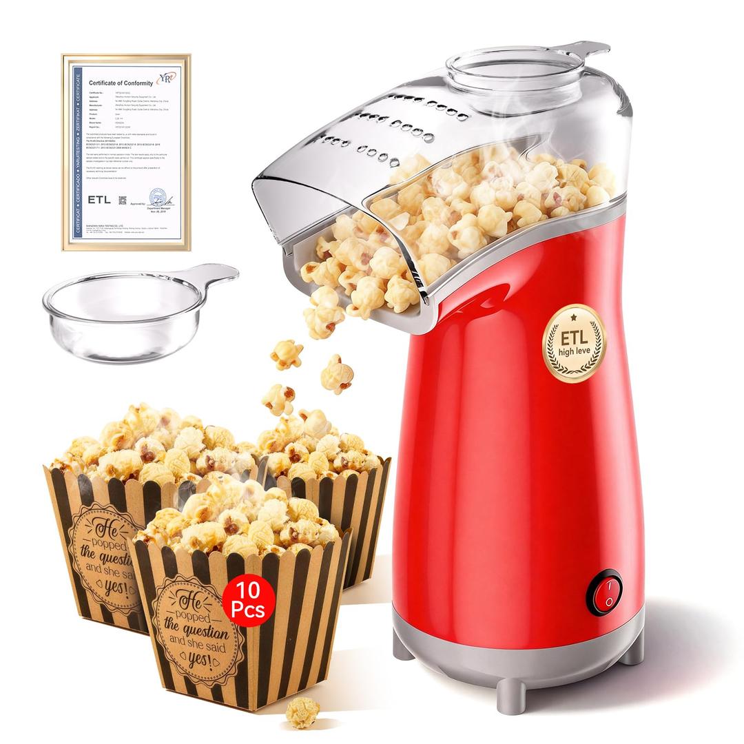 Air Popper Popcorn Maker,Butter Melter.3Minute Quick Popcorn,OilFree And EasyTo Clean. Air Popcorn Machine  Perfect for family movie nights and kids' parties, bright red