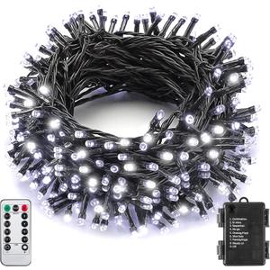 Outdoor Christmas String Lights 33Ft 100LED Battery Fairy Lights for Indoor Outdoor Waterproof Remote Timer 8Modes String Lights for Garden Party Holiday Xmas Trees Dcor (Cold White) (100LED, Cold White)