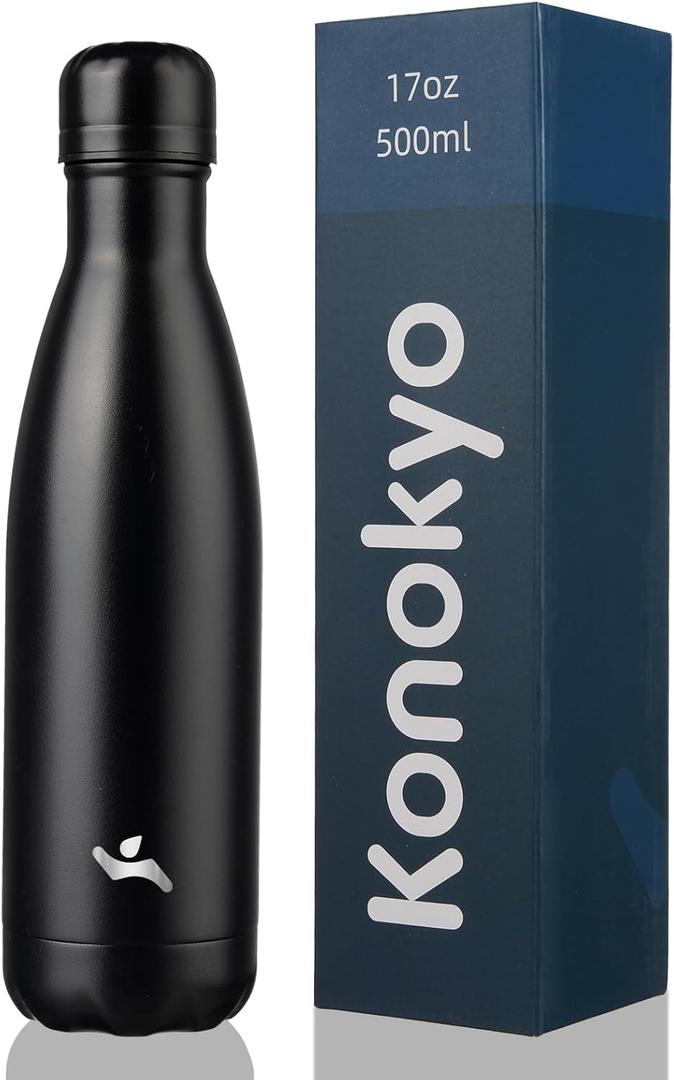Insulated Water Bottles,17 oz Double Wall Stainless Steel Vacuum Metal Flask for Sports Travel, Midnight Black