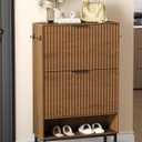 Fluted Shoe Storage Cabinet, Narrow Hidden Shoe Rack Cabinet with Metal Legs, Narrow Shoe Organizer, 2 Flip Drawers, for Entryway, Hallway, Living Room, Walnut