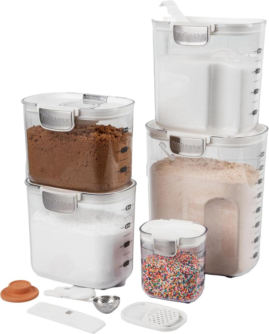 ProKeeper+ Airtight Food Storage Container Set  Clear Plastic Flour and Sugar Canister Set with Magnetic Accessories for Kitchen Organization (White, 9-Piece)