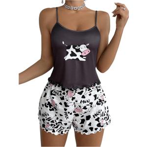 Women's 2 Piece Cow Graphic Pajama Set Lettuce Trim Camisole Tops and Pj Shorts Sets Loungewear (L)