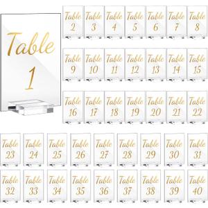 Tuanse 40 Pack Gold Acrylic Wedding Table Numbers 1-40 Clear Stand with Calligraphy Holders - 4 x 6 Inch Acrylic Table Signs for Wedding Reception Centerpieces