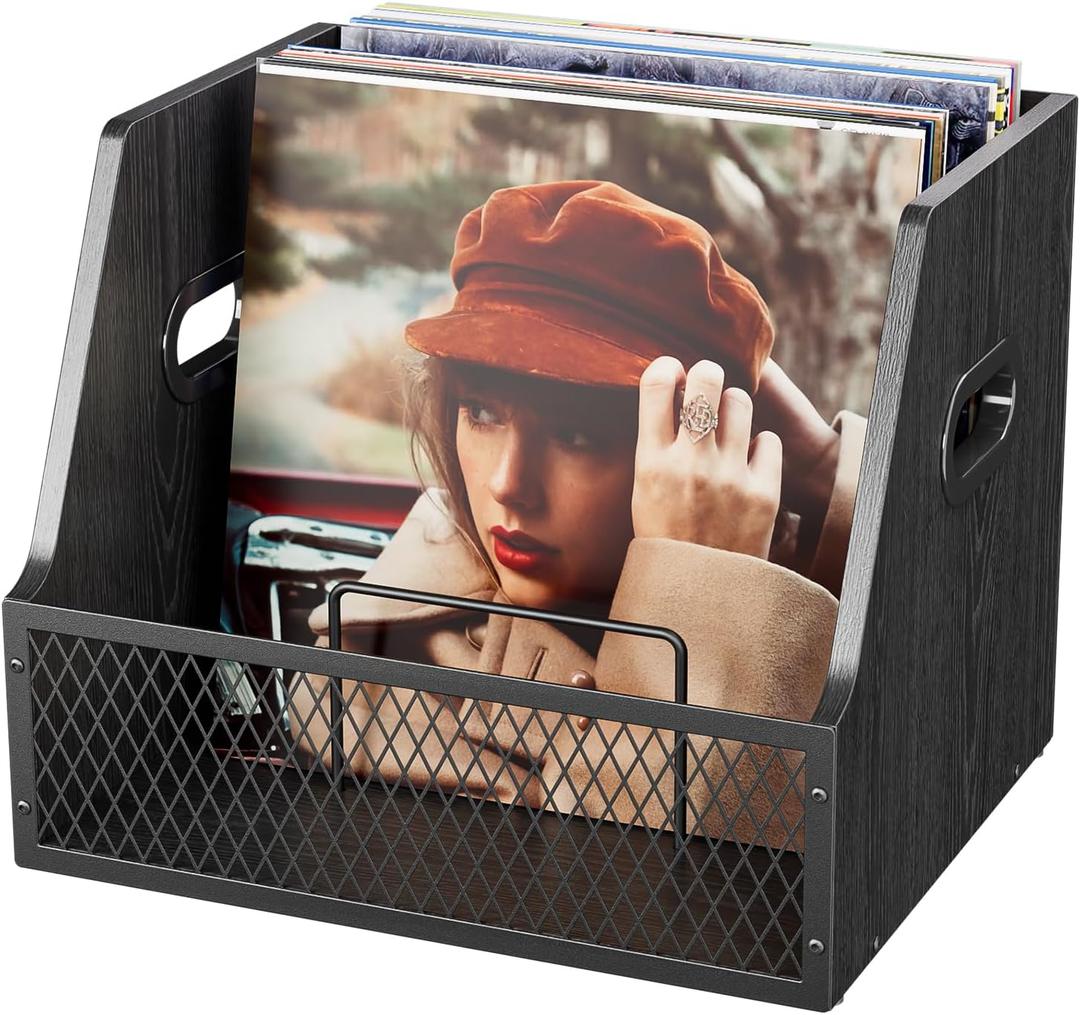 Vinyl Record Storage with Separators, Record Storage Box for 7/10/12 inch 60+ Vinyl Records Organizer Cases Wood Crate for Magazine Holder Black