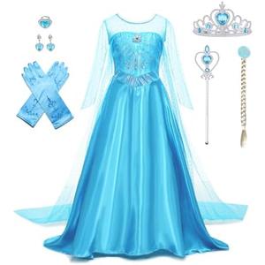 AHLPO Elsa Dress for Girls Princess Dress Up Halloween Cosplay Elsa Costume Fancy Dress Birthday Outfit with Accessories, 7-8years