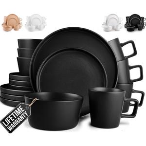 Zulay Kitchen Terra Plates and Bowls Sets, 16 Piece Modern Stoneware Dish Set for 4, Chip and Scratch Resistant Ceramic Dinnerware Set, Microwave and Dishwasher Safe, Matte Black