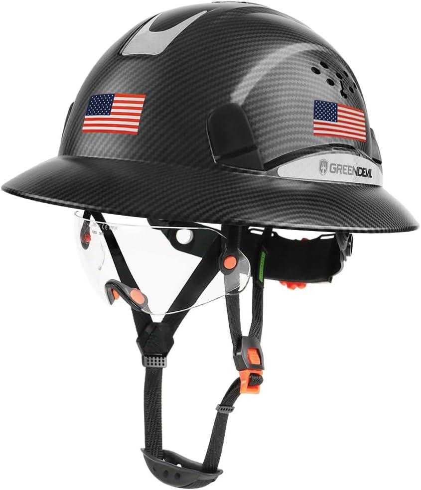 GREEN DEVIL Full Brim Hard Hat Vented Construction Safety Helmet OSHA Approved Cascos De Construccion ABS Work Hardhat for Men&Women 6 Point Adjustable Ratchet Suspension Custom Pattern Design, Matte Black Graphite Pattern With Built-In Visor