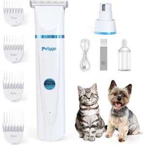 PETYGO 2-in-1 Dog & Cat Grooming Kit - Rechargeable Cordless Pet Hair Clippers with Nail Grinder & Paw Trimmer & 4 Guide Combs, Low Noise Dog Clippers for Grooming Small Medium Pets