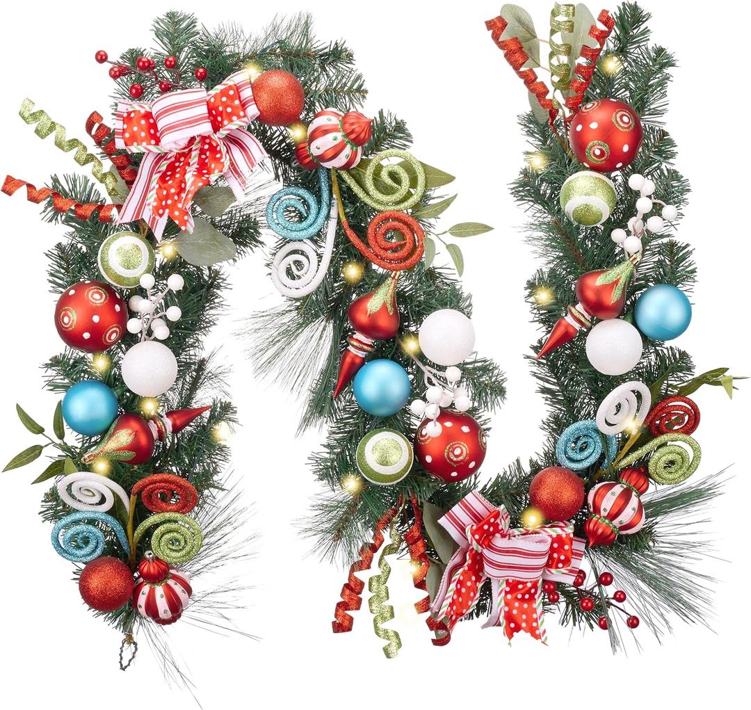 Valery Madelyn 6 Feet Pre-Lit Christmas Garland with Lights for Mantle, Lighted Outdoor Xmas Garland with Multi-Colored Balls & Bows for Home Stairs Fireplace Table Centerpiece Indoor Holiday Decor