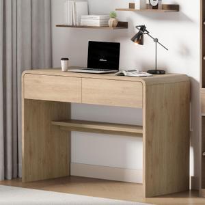 Desk with Drawers, 39.4 inch Small Writing Computer Desk, Modern Makeup Vanity Table for Bedroom, Wood Study Table with Storage Shelf for Home Office,Light Oak