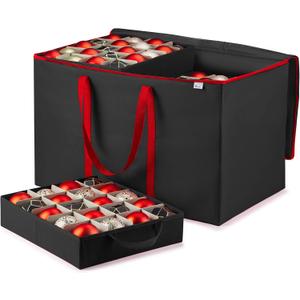 Premium Large Carrying Christmas Ornament storage Box with Clear Lid, 3" Compartment, Contains 10 Trays, Keeps 200 Holiday Ornaments & Xmas Accessories, Made Of Tear Proof Made Of 600D Oxford Fabric (Black)