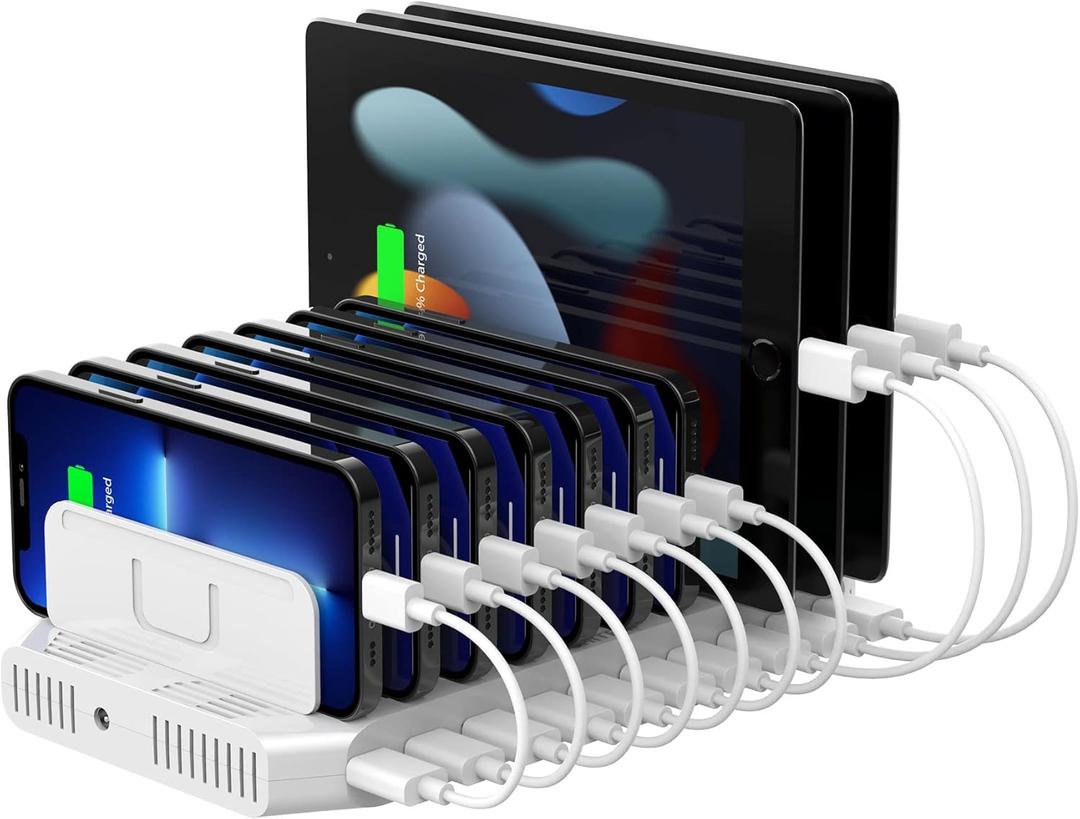 Unitek Multi Charging Station, 10-Port USB Charger for Multiple Device with SmartIC Tech and Adjustable Dividers, Organizer Stand Compatible with iPad, Tablet, Kindle, iPhone (60W,White)