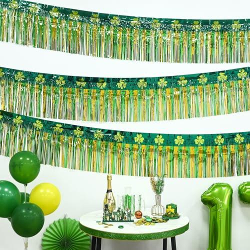 Mega-L St Patricks Day Decorations 2 Pack 39Ft Foil Fringe Garland Tinsel Banner, Green Gold Shamrock Pattern Metallic Hanging Backdrop Streamers Table Skirts for Birthday Party Parade Float Golf Cart