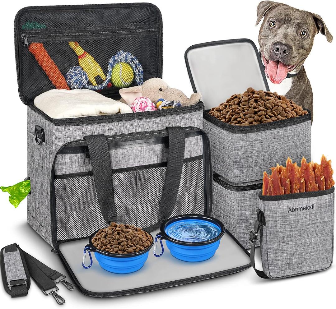 6 Set Dog Travel Bag, Large Pet Travel Kit for Supplies Includes 2 Food Containers, 1 Travel Organizer for Dogs, 2 Collapsible Bowls, 1 Treat Pouch, Dog Weekend Overnight Travel Bag Luggage (Grey)