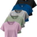 Real Essentials 5 Pack: Women's Dry Fit Crop Top - Short Sleeve Crew Neck Stretch Athletic Tee (Large)