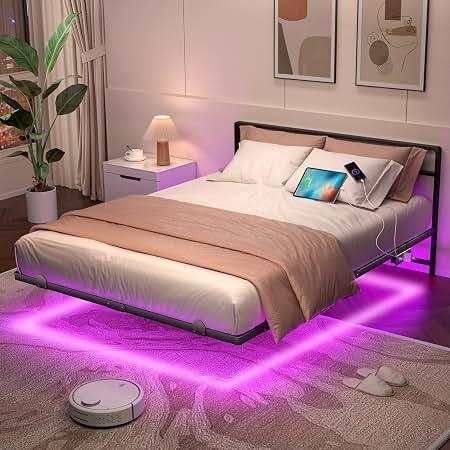 Floating Bed Frame with LED Lights and Charging Station - Modern Metal Platform Bed Frame - Noise Free No Box Spring Needed and Easy Assembly (Queen (U.S. Standard)