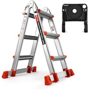 HBTower A Frame 3 Step Extension Ladder, 11 Ft Multi Position Ladder with Removable Tool Tray and Stabilizer Bar, 330 lbs Capacity Telescoping La dder for Household and Outdoor Work (Orange, 11FT)